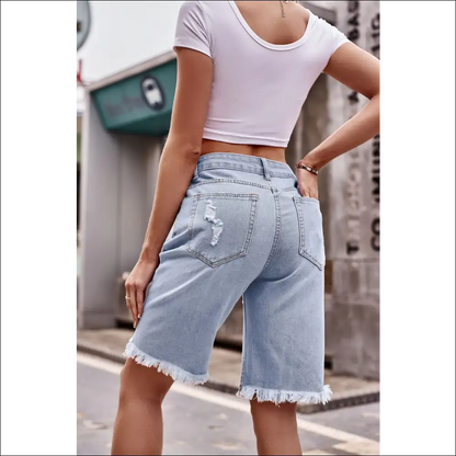 Raw Hem Distressed Denim Shorts with Pockets - on Sale Worldwide Shipping
