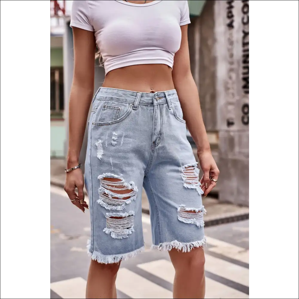 Raw Hem Distressed Denim Shorts with Pockets - on Sale Worldwide Shipping