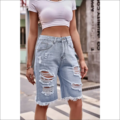 Raw Hem Distressed Denim Shorts with Pockets - on Sale Worldwide Shipping