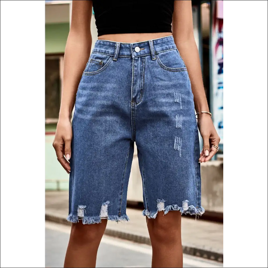 Chic Raw Hem High Waist Denim Shorts with Pockets - Medium / 2xl - on Sale Worldwide Shipping