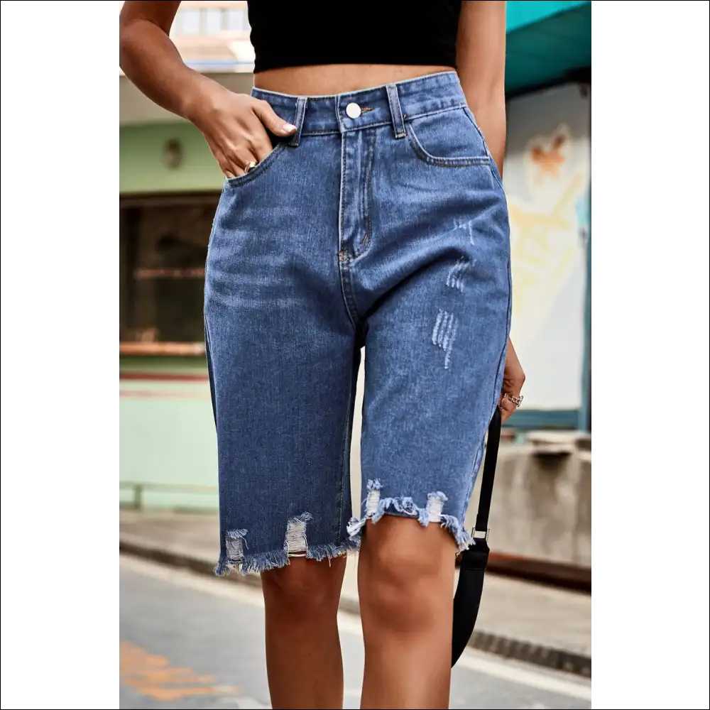 Chic Raw Hem High Waist Denim Shorts with Pockets - on Sale Worldwide Shipping
