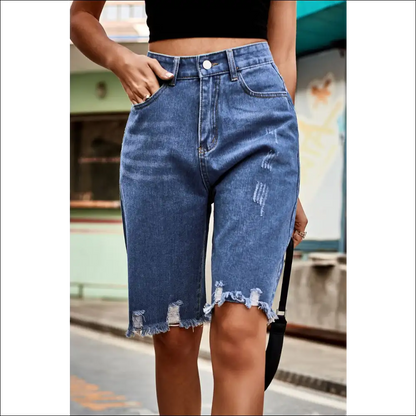 Chic Raw Hem High Waist Denim Shorts with Pockets - on Sale Worldwide Shipping