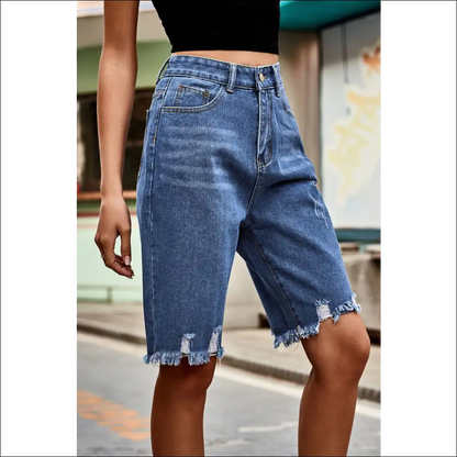 Chic Raw Hem High Waist Denim Shorts with Pockets - on Sale Worldwide Shipping