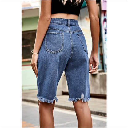 Chic Raw Hem High Waist Denim Shorts with Pockets - on Sale Worldwide Shipping