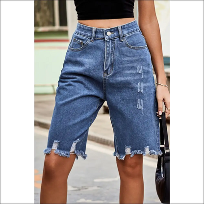 Chic Raw Hem High Waist Denim Shorts with Pockets - on Sale Worldwide Shipping