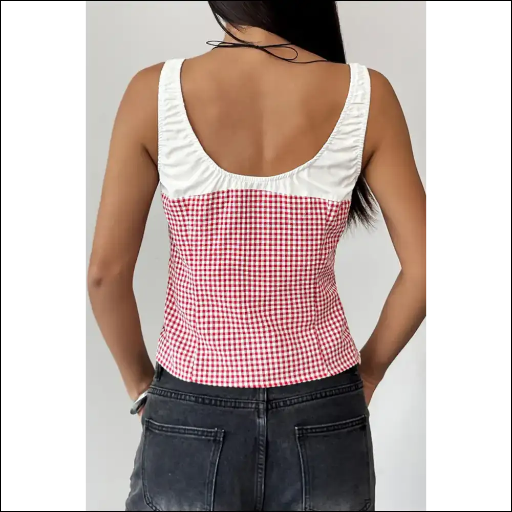 Red Color Block Plaid: Needful Things Tank Chic! 😈 - Sleeveless Shirts Tops on Sale Worldwide Shipping