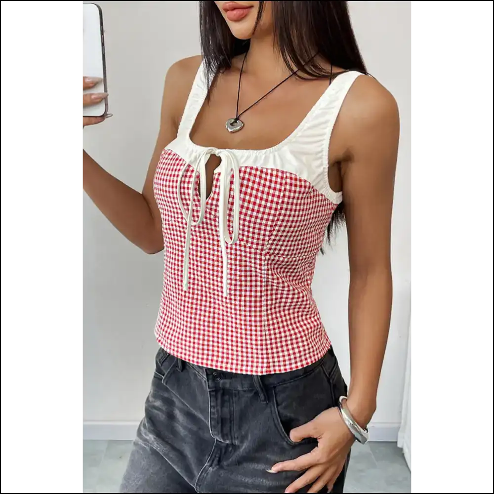 Red Color Block Plaid: Needful Things Tank Chic! 😈 - Sleeveless Shirts Tops on Sale Worldwide Shipping