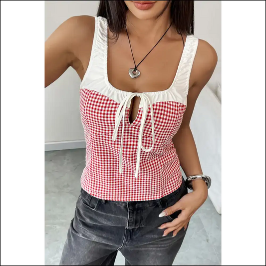 Red Color Block Plaid: Needful Things Tank Chic! 😈 - s - Sleeveless Shirts Tops on Sale Worldwide Shipping
