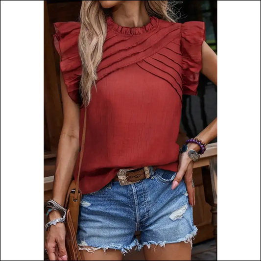 Red Dahlia Frill Neck: Needful Things’ Sleeveless Scream! 💀 - s - Shirts Tank Tops on Sale Worldwide Shipping