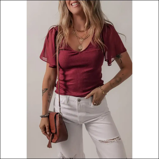 Red Dahlia Mesh Ruffled Top: Slay Queen! 🌹 Needful Things Approved - s - Blouses on Sale Worldwide Shipping