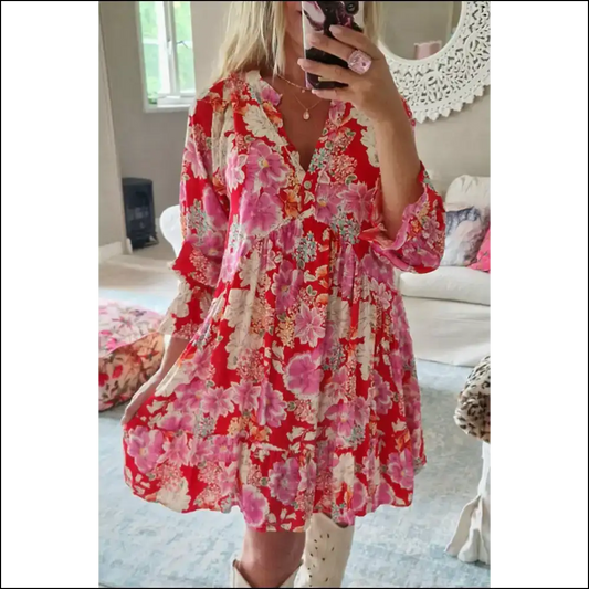 Red Floral Babydoll Mini Dress: Goddess 🌸 Needful Things - s - Short Dresses on Sale Worldwide Shipping