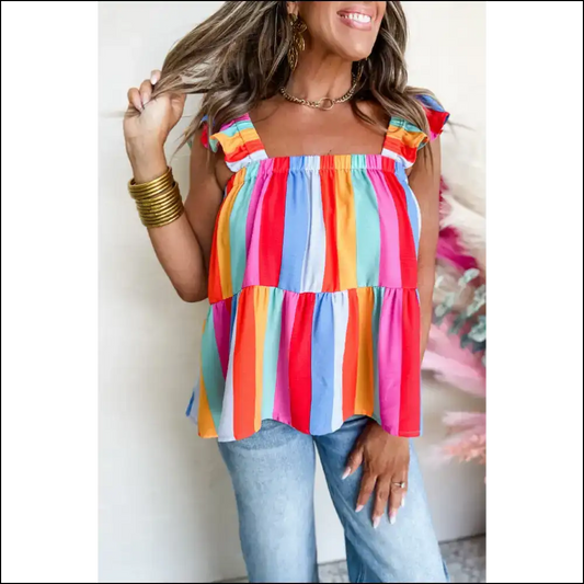 Red Stripe Ruffle Babydoll Tank: Prepare for Stares! s - Sleeveless Shirts Tank Tops on Sale Worldwide Shipping