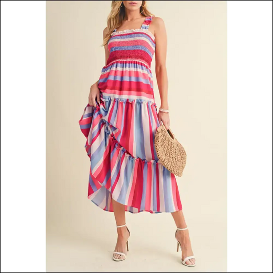 Red Stripe Ruffled Midi Dress: Garden Twirls 💃 - s - Dresses on Sale Worldwide Shipping