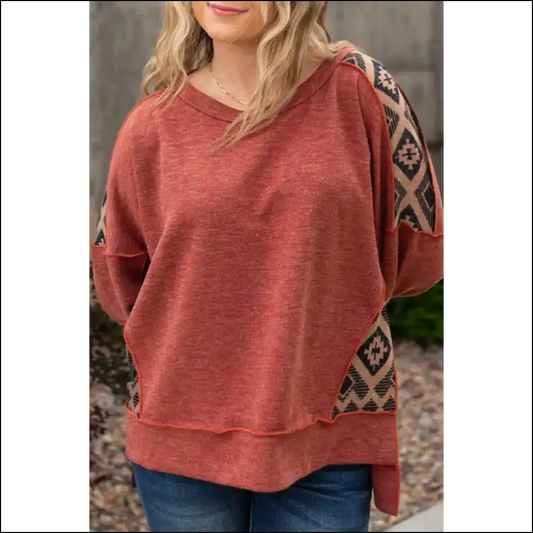 Redwood Burl Geometric Patchwork: Hide your Snacks Show off Style 😜 - Dusty Red / 1x - Plus Size Tops on Sale Worldwide Shipping
