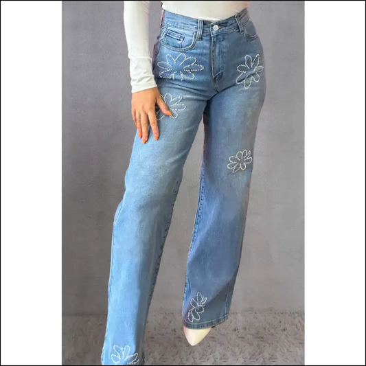Rhinestone Straight Jeans: Shine Bright Like my Bank Account 💎 - Blue / 16 - Jeans on Sale Worldwide Shipping