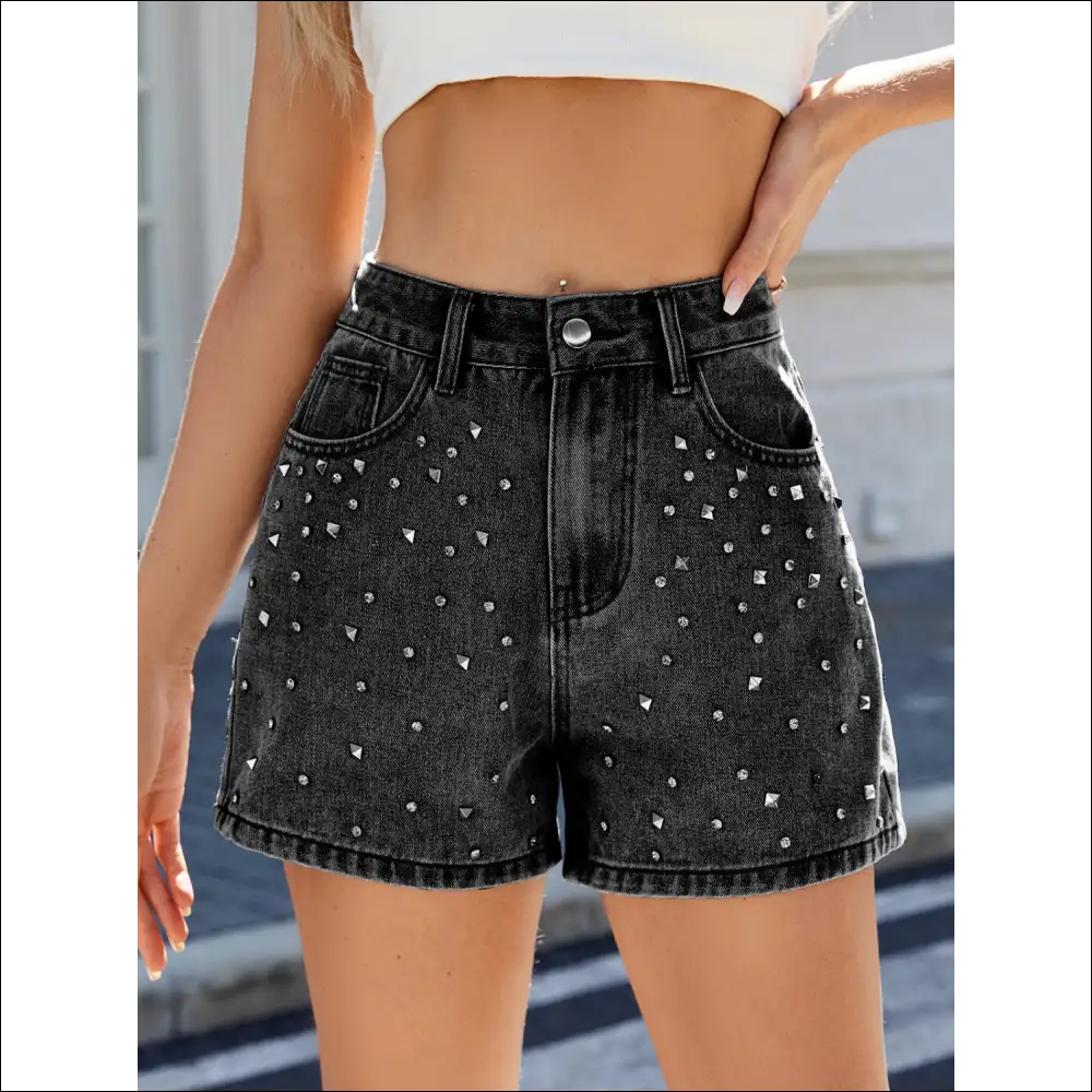 Rhinestone Washed High Waist Denim Shorts - Black / l - on Sale Worldwide Shipping