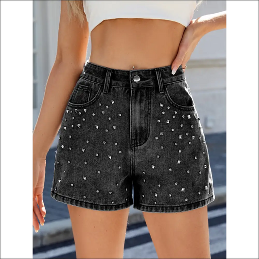 Rhinestone Washed High Waist Denim Shorts - Black / l - on Sale Worldwide Shipping