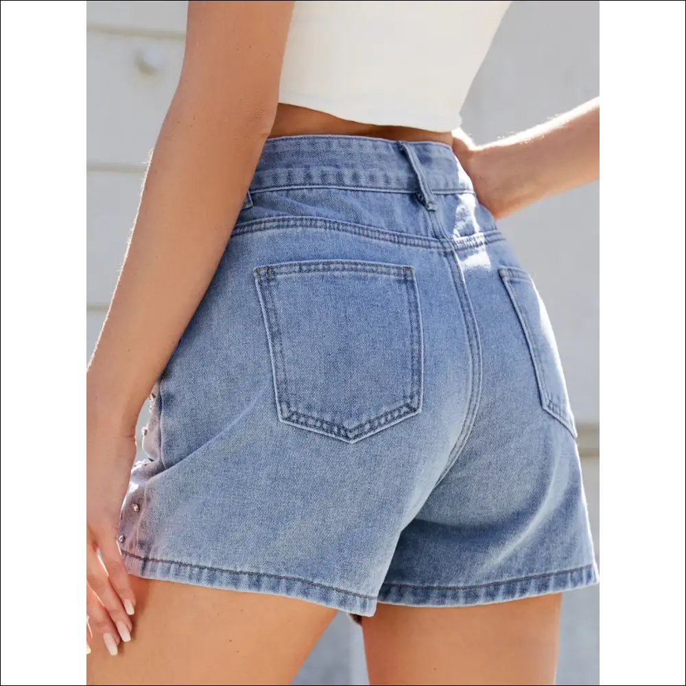 Rhinestone Washed High Waist Denim Shorts - on Sale Worldwide Shipping