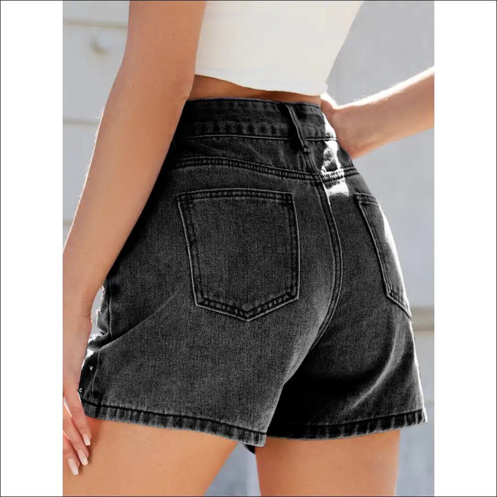 Rhinestone Washed High Waist Denim Shorts - on Sale Worldwide Shipping