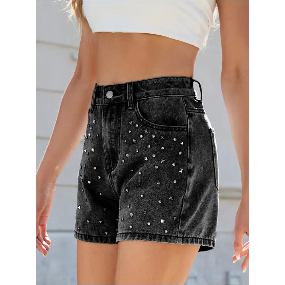 Rhinestone Washed High Waist Denim Shorts - on Sale Worldwide Shipping