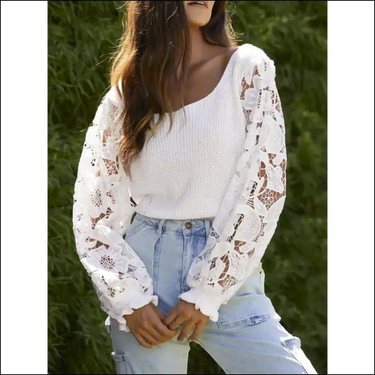 Ribbed Lace Trim Flounce Sleeve Knit Top - White / s - Blouses on Sale Worldwide Shipping