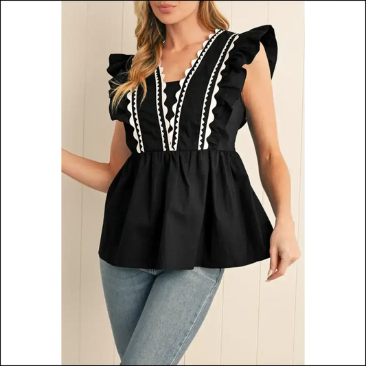 Ricrac Ruffle Ready? Black v Neck Chicness 🖤 Needful Things - s - Sleeveless Shirts Tank Tops on Sale Worldwide Shipping
