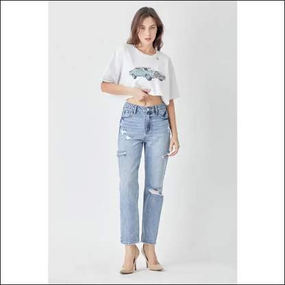 Risen Distressed Slim Cropped Jeans: Hug your Curves and Sense of Humor! 😄 - Jeans on Sale Worldwide Shipping
