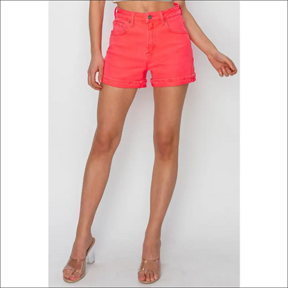 Risen High Rise Cuffed Denim Shorts - Coral / l - on Sale Worldwide Shipping