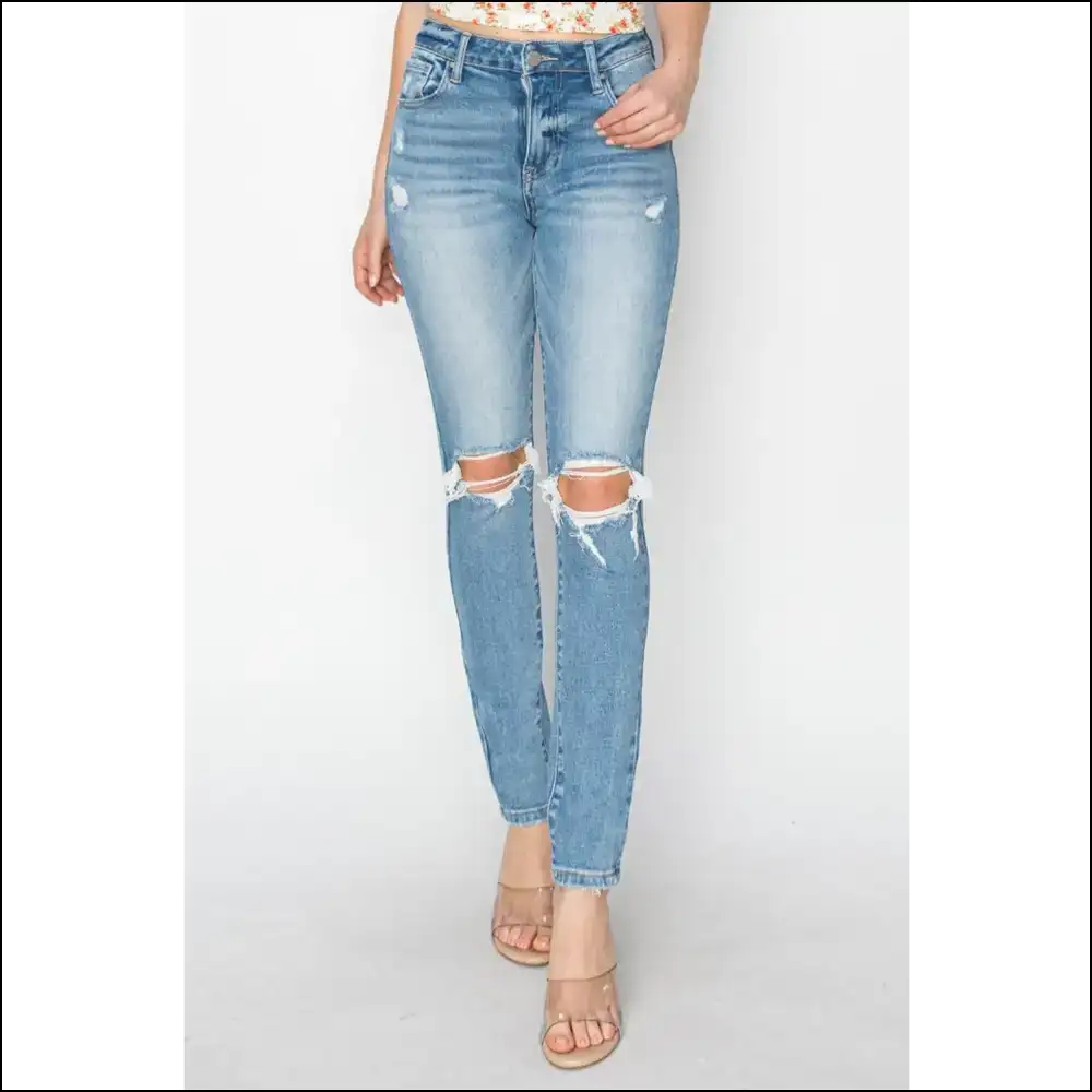 Risen High Rise Distressed Skinny Jeans: Couch Comfort Meets Catwalk Chic! - Light / 0(24) - Jeans on Sale Worldwide Shipping