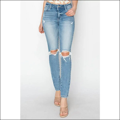 Risen High Rise Distressed Skinny Jeans: Couch Comfort Meets Catwalk Chic! - Light / 0(24) - Jeans on Sale Worldwide Shipping