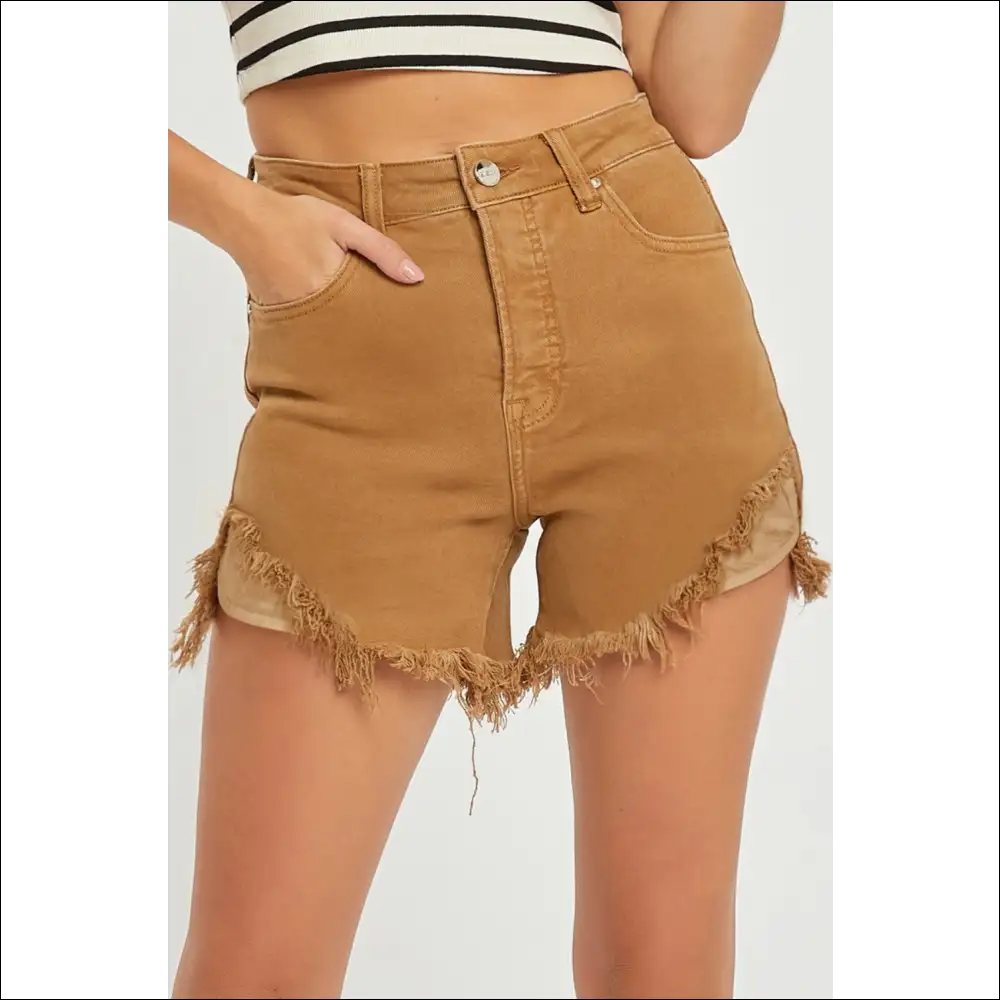 Risen High Waist Frayed Hem Denim Shorts - Mocha / s - on Sale Worldwide Shipping
