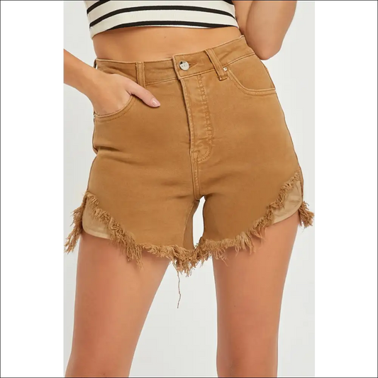 Risen High Waist Frayed Hem Denim Shorts - Mocha / s - on Sale Worldwide Shipping