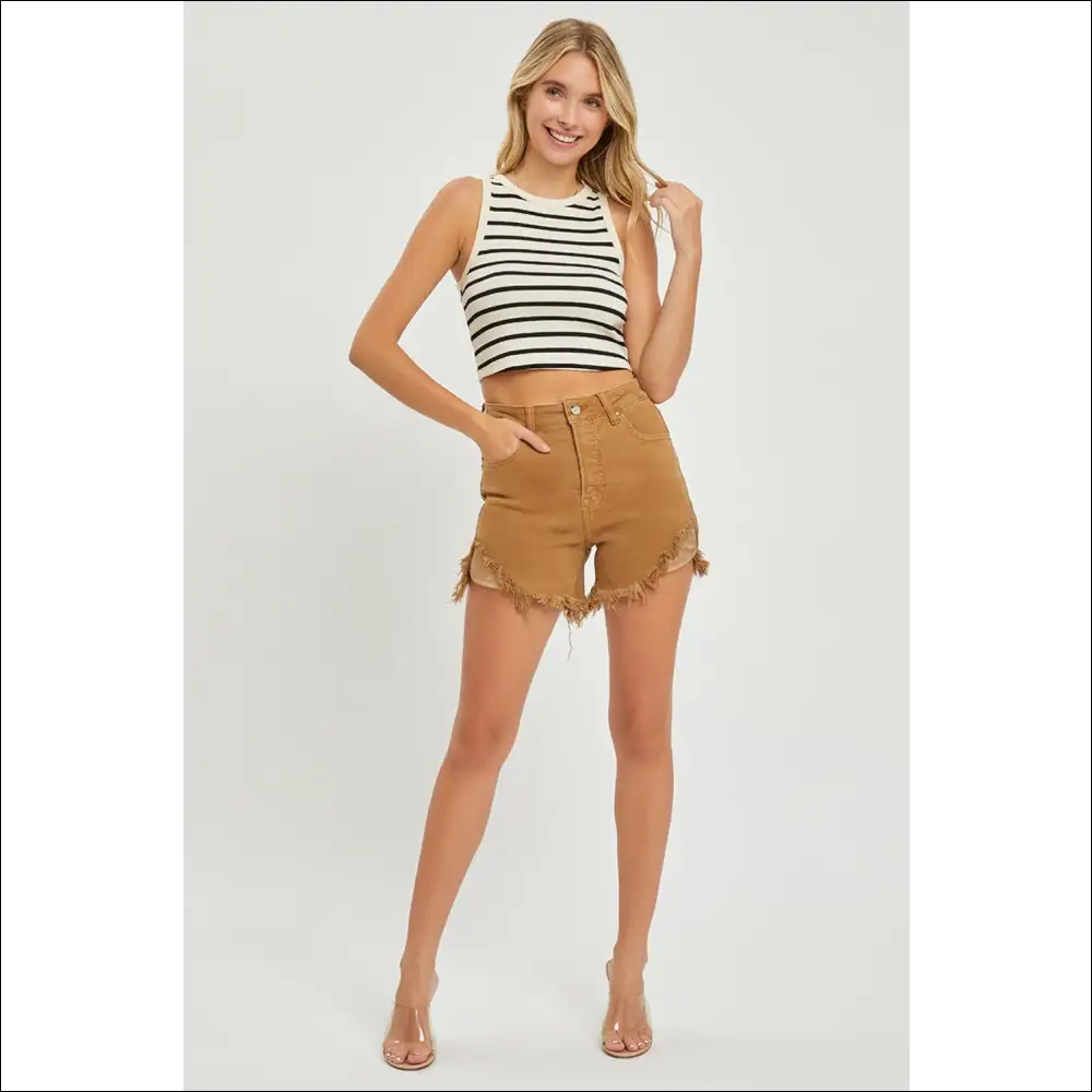 Risen High Waist Frayed Hem Denim Shorts - on Sale Worldwide Shipping