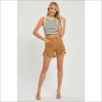 Risen High Waist Frayed Hem Denim Shorts - on Sale Worldwide Shipping