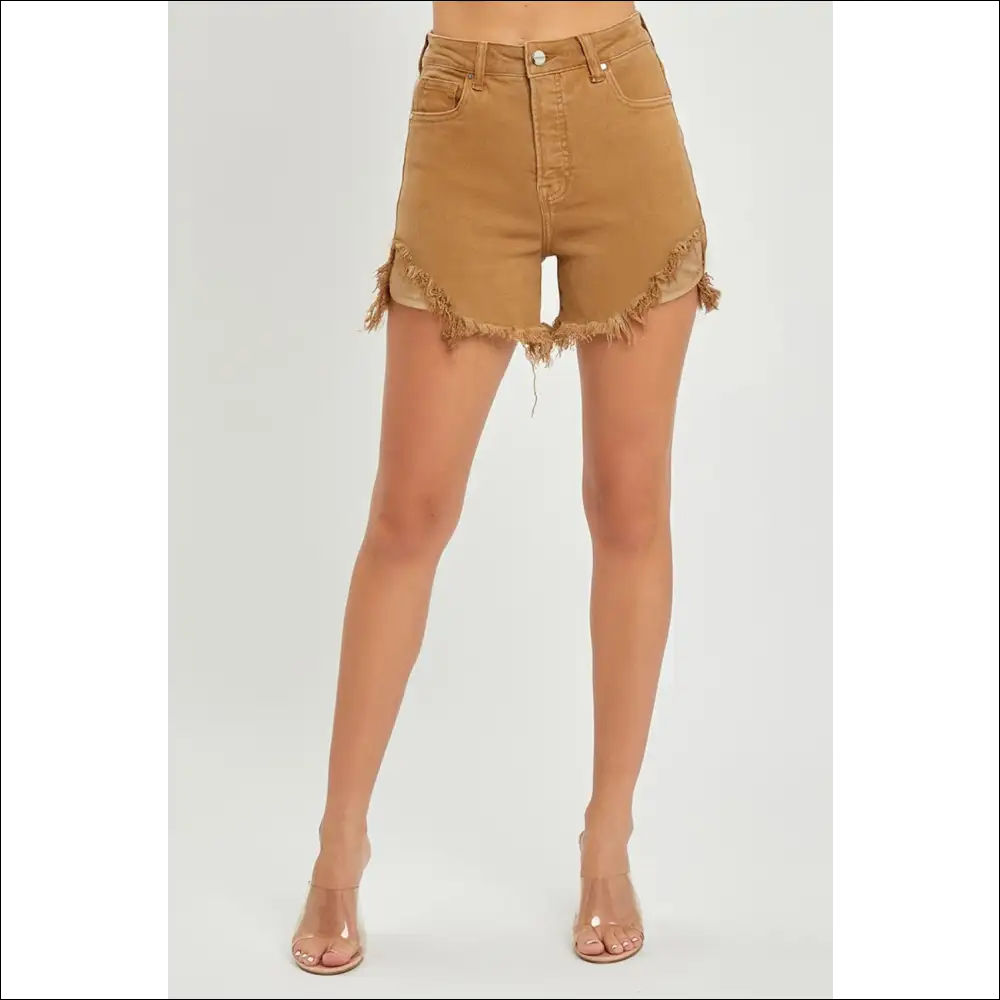 Risen High Waist Frayed Hem Denim Shorts - on Sale Worldwide Shipping