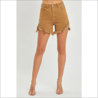 Risen High Waist Frayed Hem Denim Shorts - on Sale Worldwide Shipping