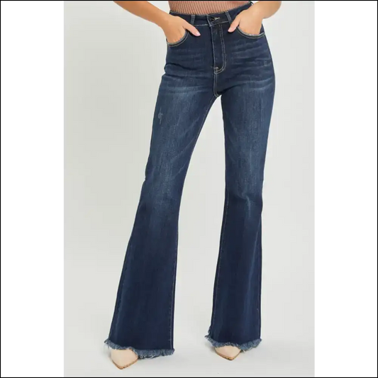 Risen High Waist Raw Hem Flare Jeans: Elevate your Style Game Darling! 😎👖 - Dark / Jeans on Sale Worldwide Shipping