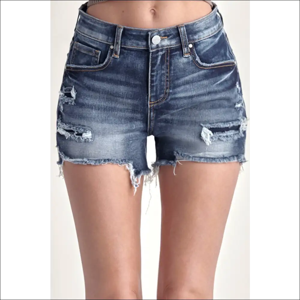 Risen Mid Rise Raw Hem Denim Shorts - on Sale Worldwide Shipping