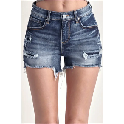 Risen Mid Rise Raw Hem Denim Shorts - on Sale Worldwide Shipping