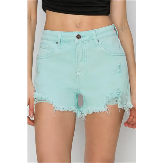 Risen Mid Waist Frayed Hem Denim Shorts - Gum Leaf / m - on Sale Worldwide Shipping