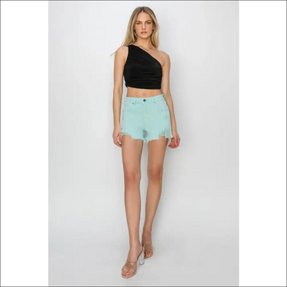 Risen Mid Waist Frayed Hem Denim Shorts - on Sale Worldwide Shipping