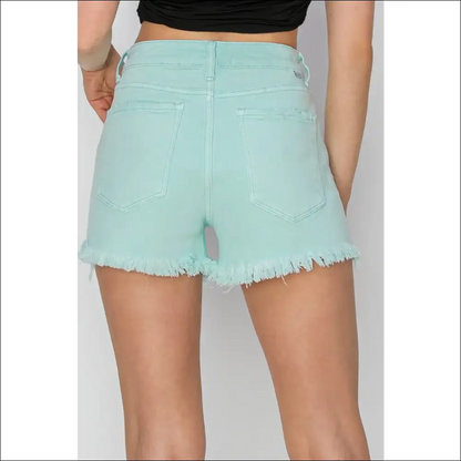 Risen Mid Waist Frayed Hem Denim Shorts - on Sale Worldwide Shipping