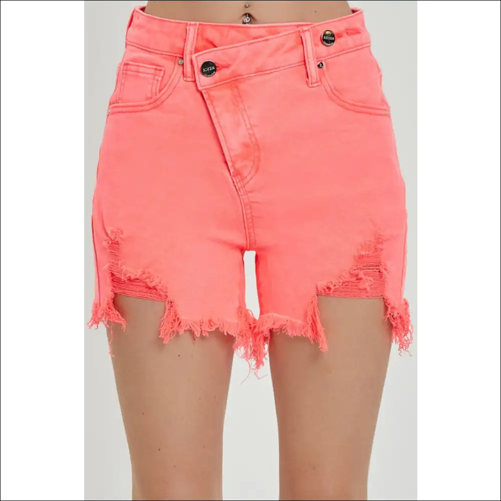 Risen Raw Hem Asymmetrical Waist Denim Shorts - Pink / s - on Sale Worldwide Shipping