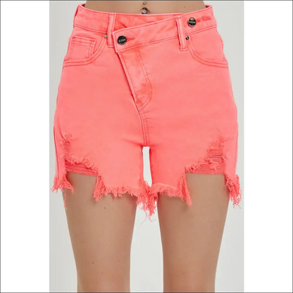 Risen Raw Hem Asymmetrical Waist Denim Shorts - Pink / s - on Sale Worldwide Shipping