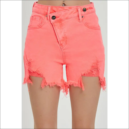 Risen Raw Hem Asymmetrical Waist Denim Shorts - Pink / s - on Sale Worldwide Shipping