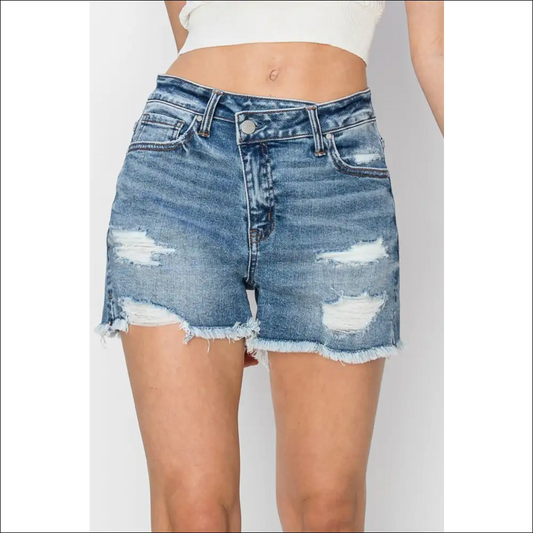 Risen Stepped Waist Frayed Denim Shorts - Medium / s - on Sale Worldwide Shipping
