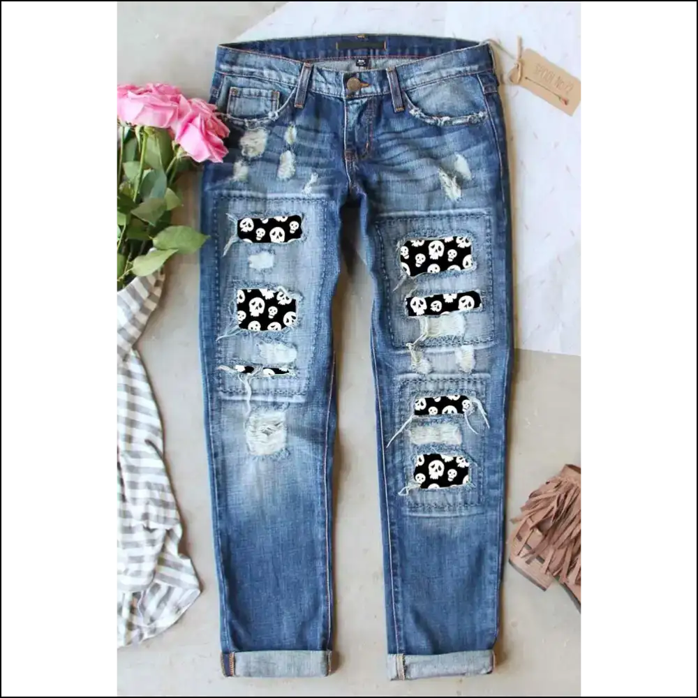 Rock your Bones in Style with Needful Things Distressed Skeleton Pattern Jeans! 💀👖 - Medium / 4 - Jeans on Sale Worldwide Shipping
