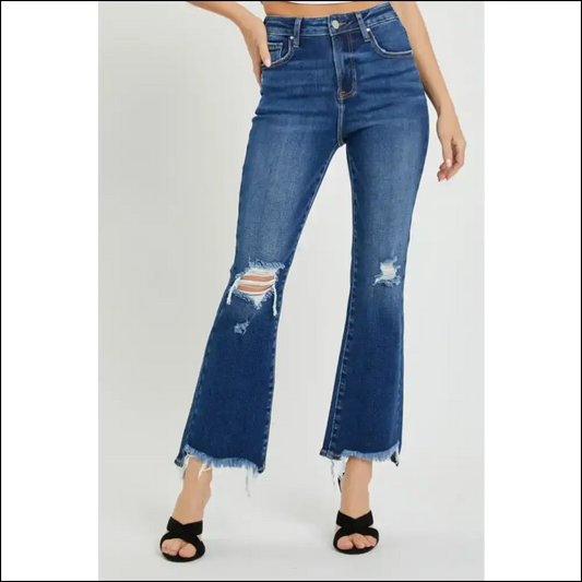 Rock your Curves in Risen High Rise Distressed Crop Flare Jeans 😏✨ - Dark / 0(24) - on Sale Worldwide Shipping