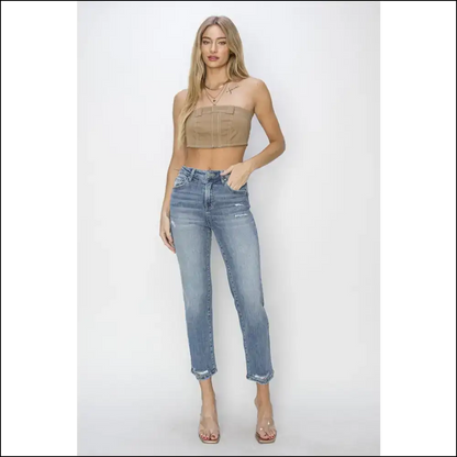 Rock your Curves with Risen High Waist Distressed Cropped Jeans 😂👖 - on Sale Worldwide Shipping