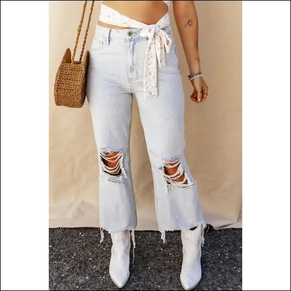 Rock your Distressed Raw Hem Jeans and Embrace Inner Fashionista! 👖✨ - Light Blue / 16 - on Sale Worldwide Shipping